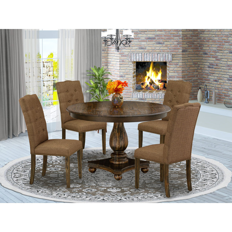 L'ensemble 5 pièces de table et chaises de cuisine comprend une table de salle à manger ronde avec piédestal et 4 chaises parsons en tissu brun, jacobine vieilli