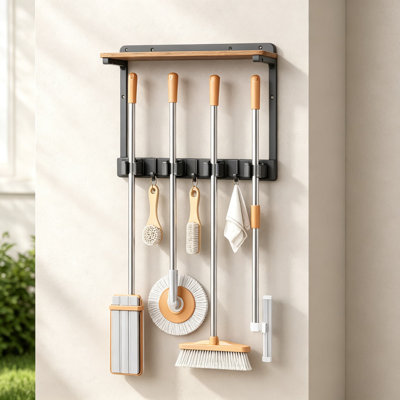 Wall Mount Broom Holder With Storage Shelf, Heavy-Duty Mop And Broom Organizer With Hooks And Grippers For Laundry Room, Kitchen, Garage, And Home Cleaning Supplies Organization