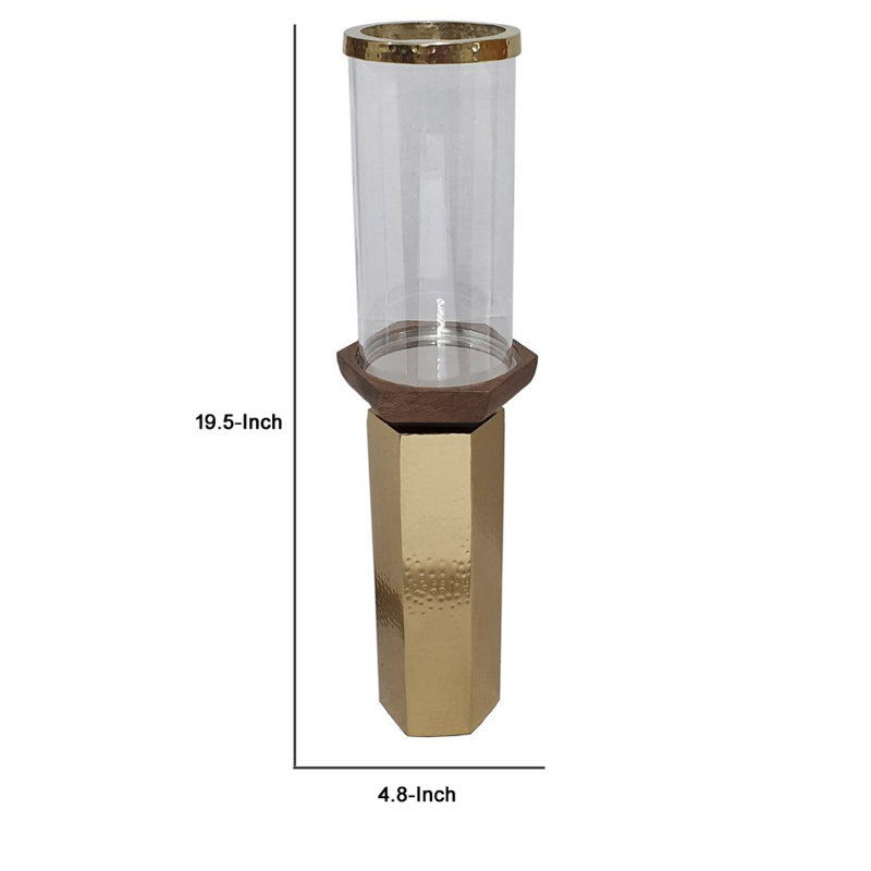 Gemo Hurricane Candle Holder With Gold Base, Mango Wood Accent 20 Inch