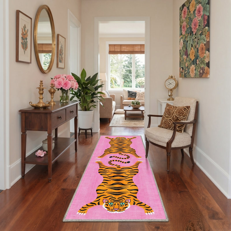 Tigris Animal Print Machine Washable Pink / Yellow / Black Indoor Area Rug with Non-Slip Backing, Runner 2' x 6'
