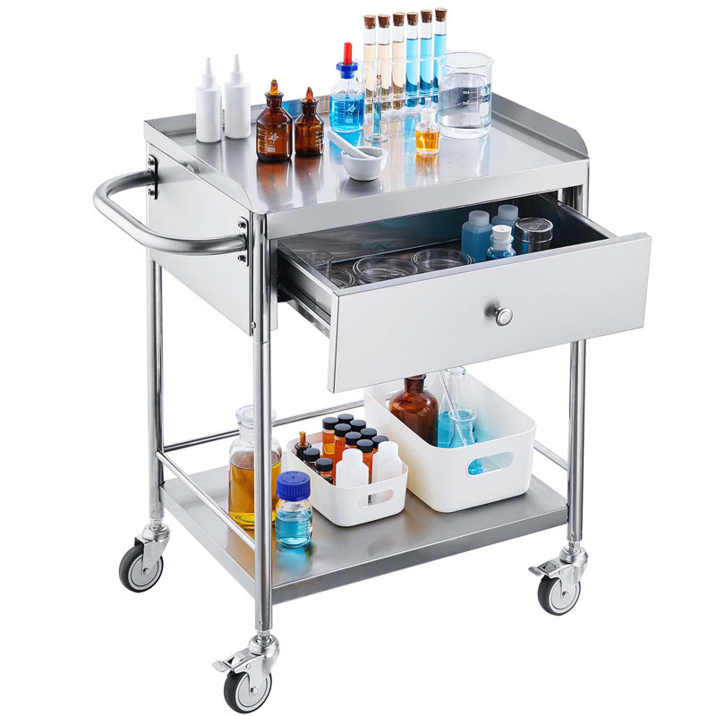 Chariot utilitaire médical en acier inoxydable avec rangement à deux niveaux, tiroir intégré, capacité de 220 lb et roulettes verrouillables silencieuses à 360 ° pour le laboratoire, la clinique, la cuisine ou le salon.