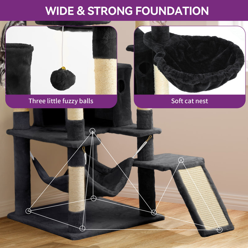 75" H Drusi Multi-Level Large Cat Tree with 3 Perchs, Black