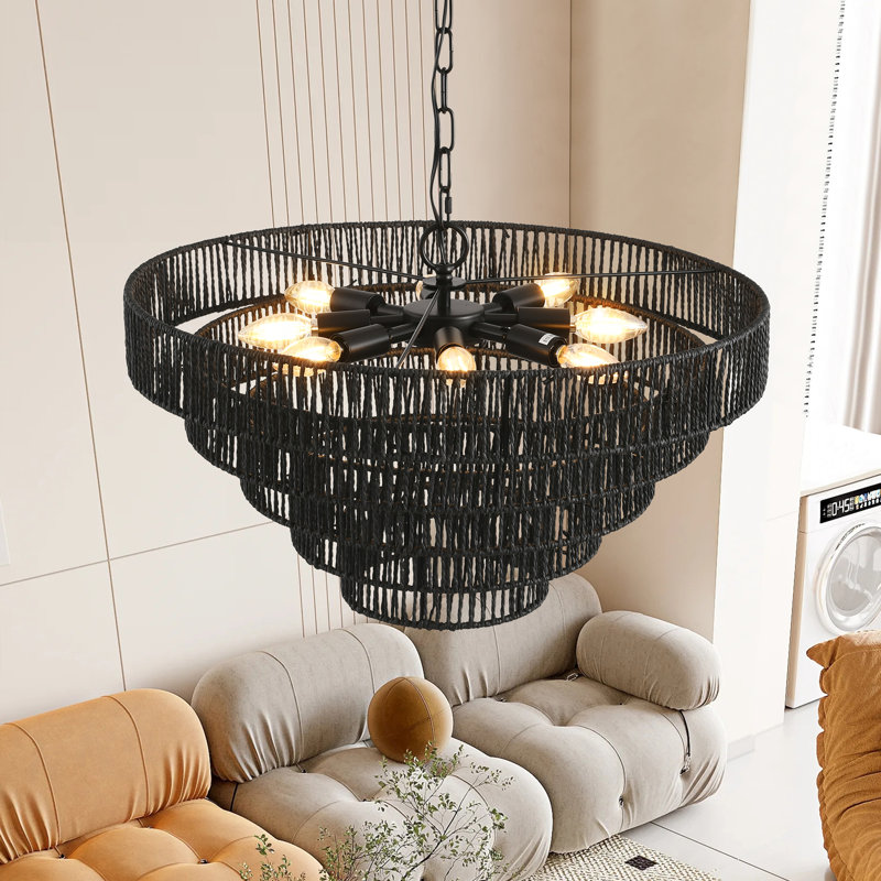 Luminaire suspendu de style rustique 24 po en jute noir bohémien à cinq couches rétro (ampoules non incluses), Noir mat