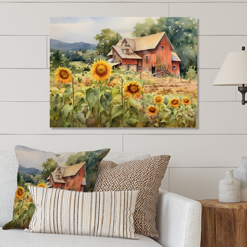 Tournesol doré à la ferme III - impression florale sur métal, H 12 po x l 20 po