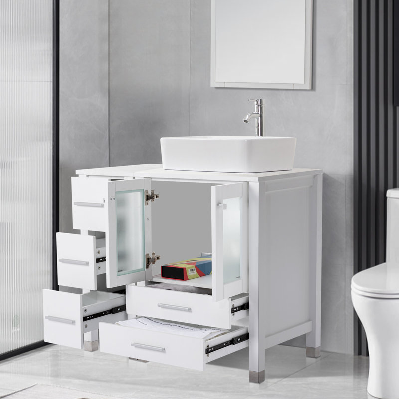 36 meubles-lavabos simples avec plateau en bois, lavabo vasque, robinet en alliage de zinc, pieds en bois massif, Blanc