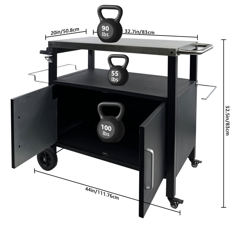 Chariot de cuisine d'extérieur avec armoire de rangement, table de préparation des aliments mobile en acier inoxydable, support de four à pizza