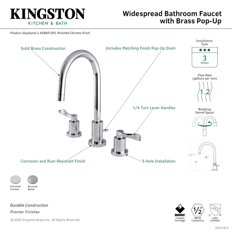 Kingston Brass Two-Handle 3-Hole Deck Mount Widespread Bathroom Faucet with Brass Pop-Up Drain, Brushed Nickel
