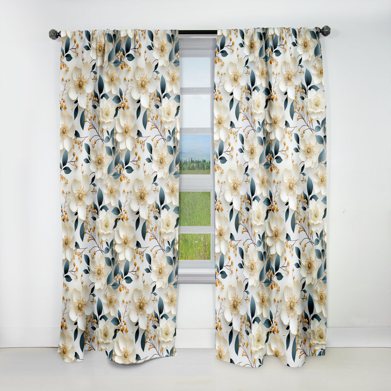 Blanc coquelicots minimaliste floral Elegance III - panneaux de rideaux floraux, L 52 po x L 108 po