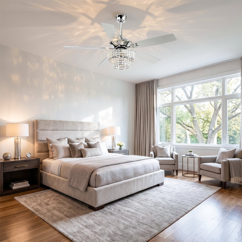 52" Beedle 5 - Blade 2-Tier Crystal Ceiling Fan with Remote Control and Light Kit Included, Chrome