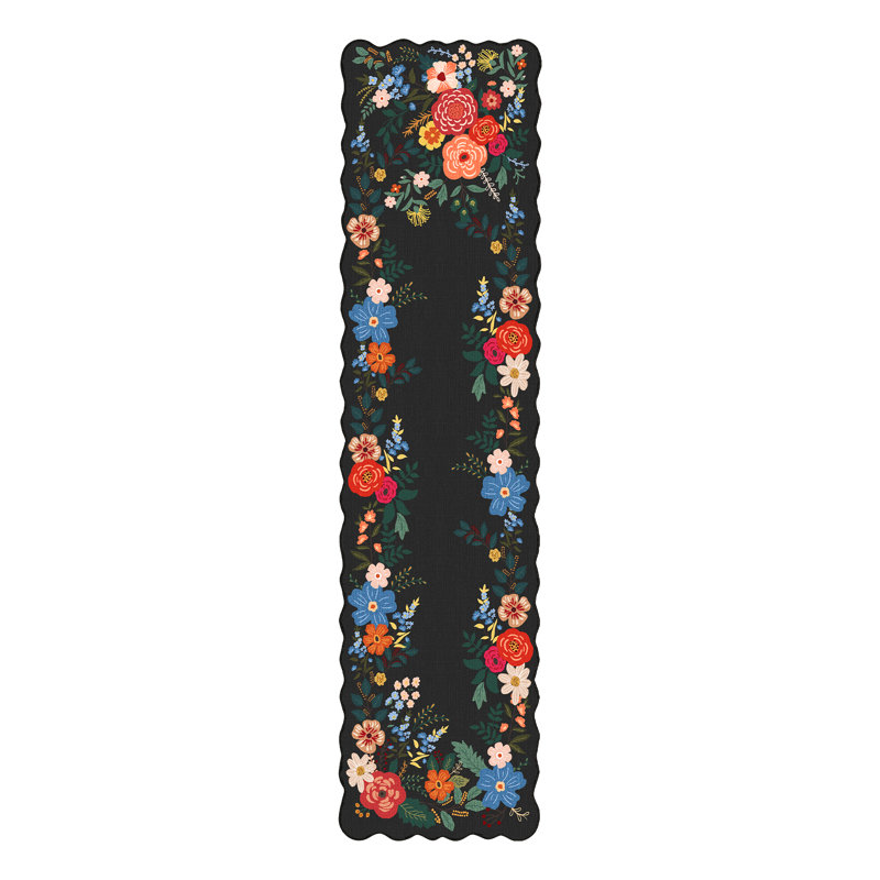  Cherry Machine Washable Floral Black Area Indoor Rug, Runner 2' x 8'