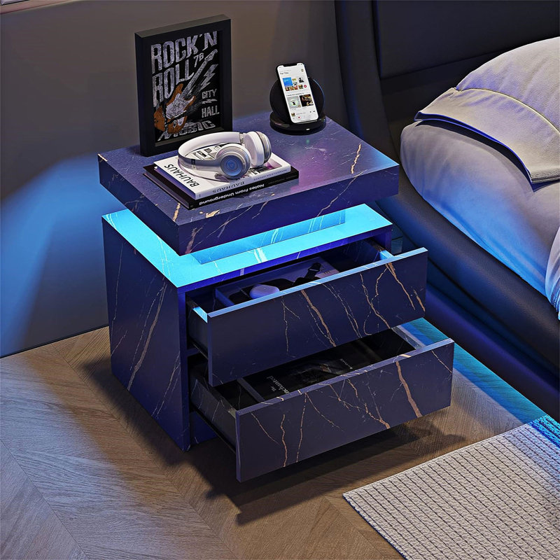 Table de bout moderne avec 2 tiroirs et lumières DEL, Bleu/doré