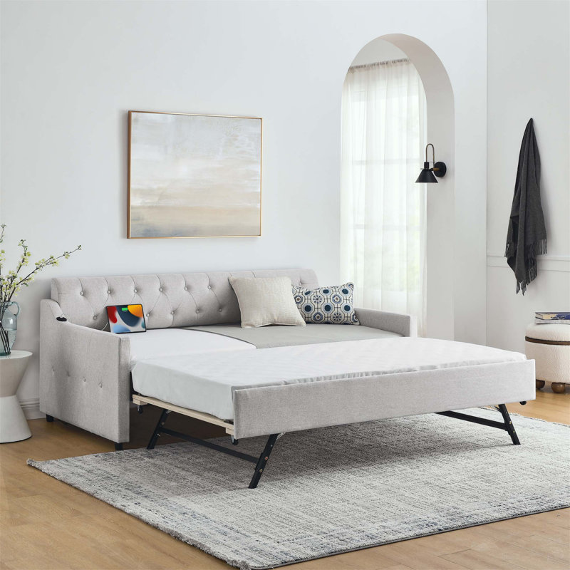 Lit de jour rembourré en lin avec lit gigogne et charge USB, idéal pour la vie moderne et les chambres d'amis