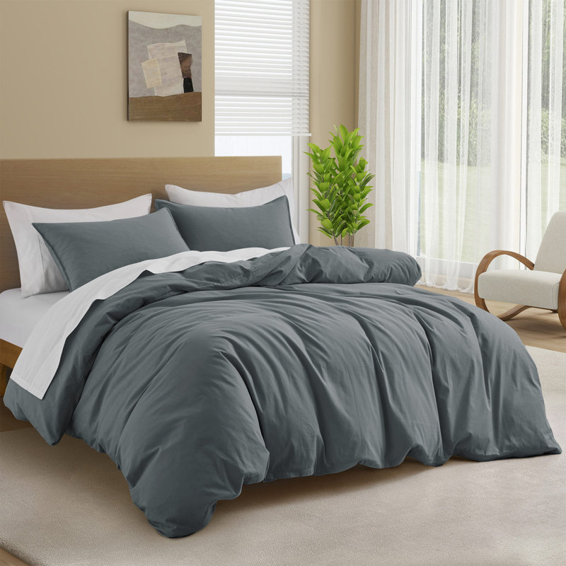 Ensemble de housse de couette en coton, Housse de couette simple + 1 taie d'oreiller, Gris