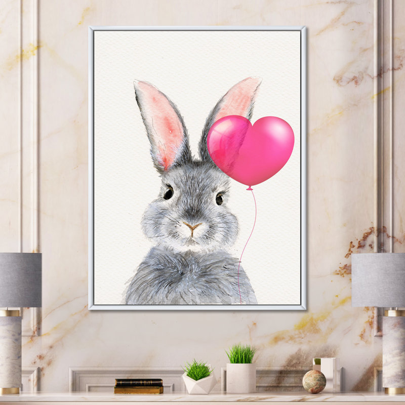 Lapin gris moelleux avec ballon cœur rose - reproduction sur toile, H 20 po x l 12 po x P 1 po, Cadre flottant blanc