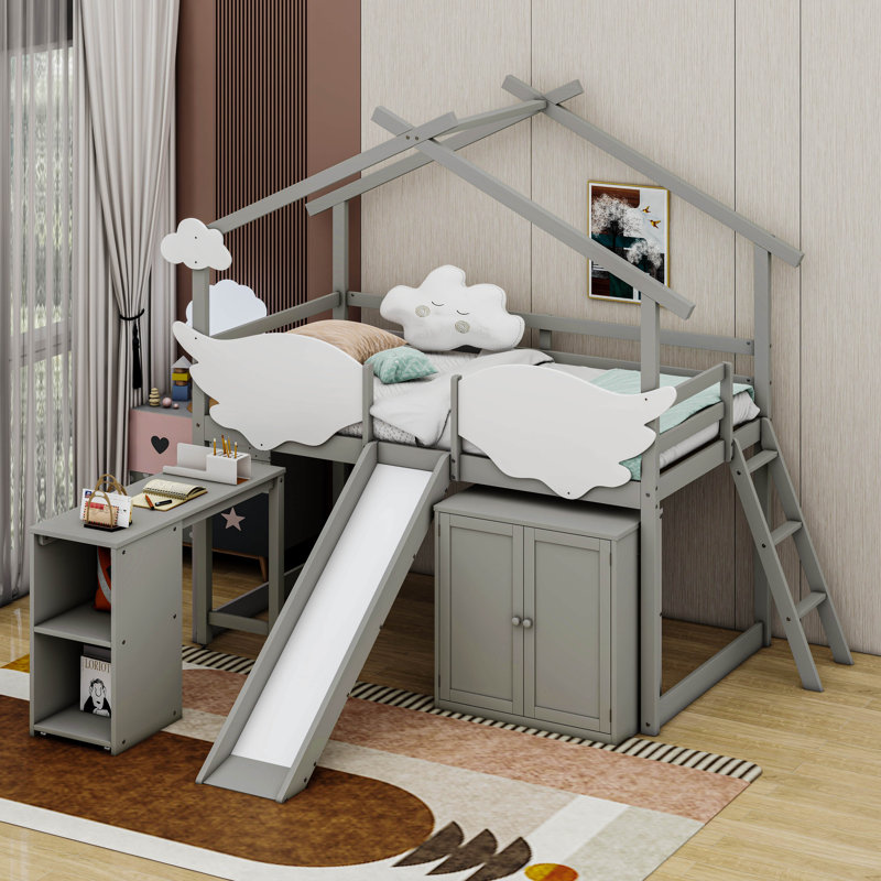 Lit simple avec garde-robe Peotone, Gris usé / blanc