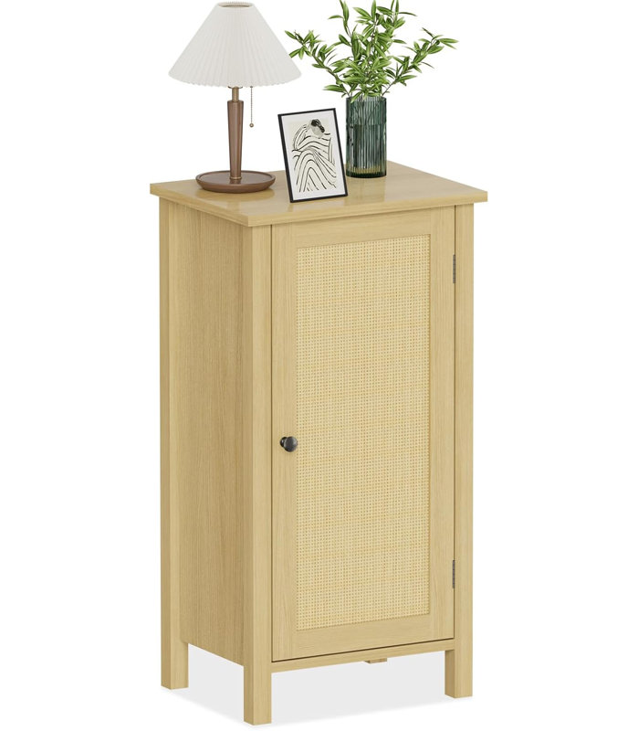 Table de chevet en rotin avec armoire de rangement, table de chevet Boho 16 po, plateau en bois massif et pieds d'appoint robustes, naturel