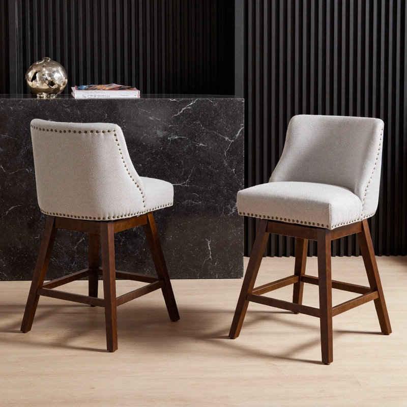 Ensemble de 2 tabourets de bar pivotants à hauteur de comptoir, siège 26 po, revêtement en tissu gris, structure en bois d'hévéa