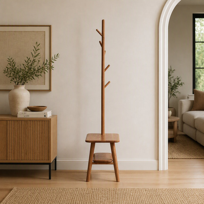 Tabouret à chaussures en bois massif naturel avec porte-chaussures, banc de rangement moderne du milieu du siècle pour entrée et salon