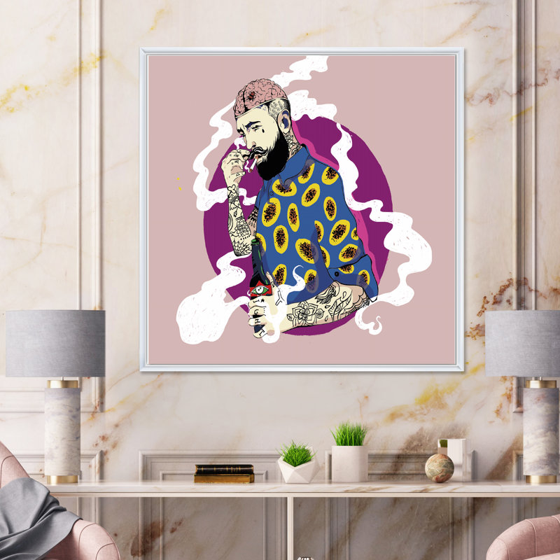 Hipster Man with Beard Smoke a Cigarette - impression sur toile, H 36 po x l 36 po x P 1 po, Cadre flottant blanc