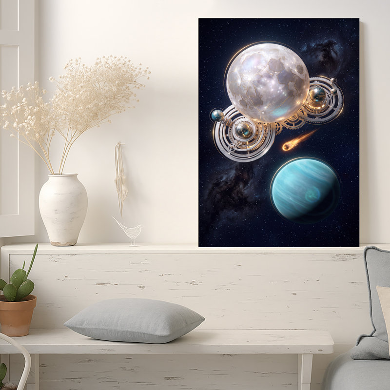 Toile brillante, lune et planète bleue dans un espace étoilé avec engrenages, H 48 po x l 32 po