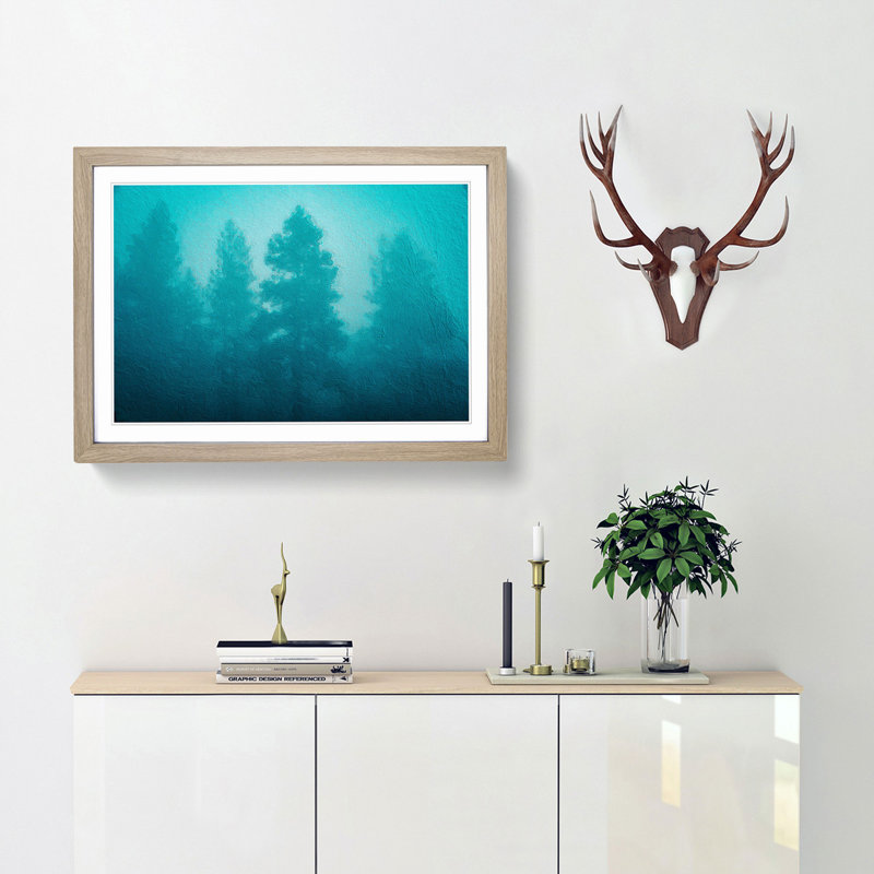 Teal Blue Forest in Abstract - Picture Frame Painting Print, 27cm H x 36cm W x 2cm D, Oak Framed