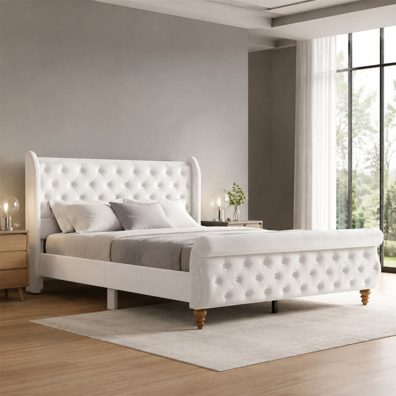 Lit traîneau Queen Size en velours avec tête de lit à oreilles, sans sommier, beige, Beige
