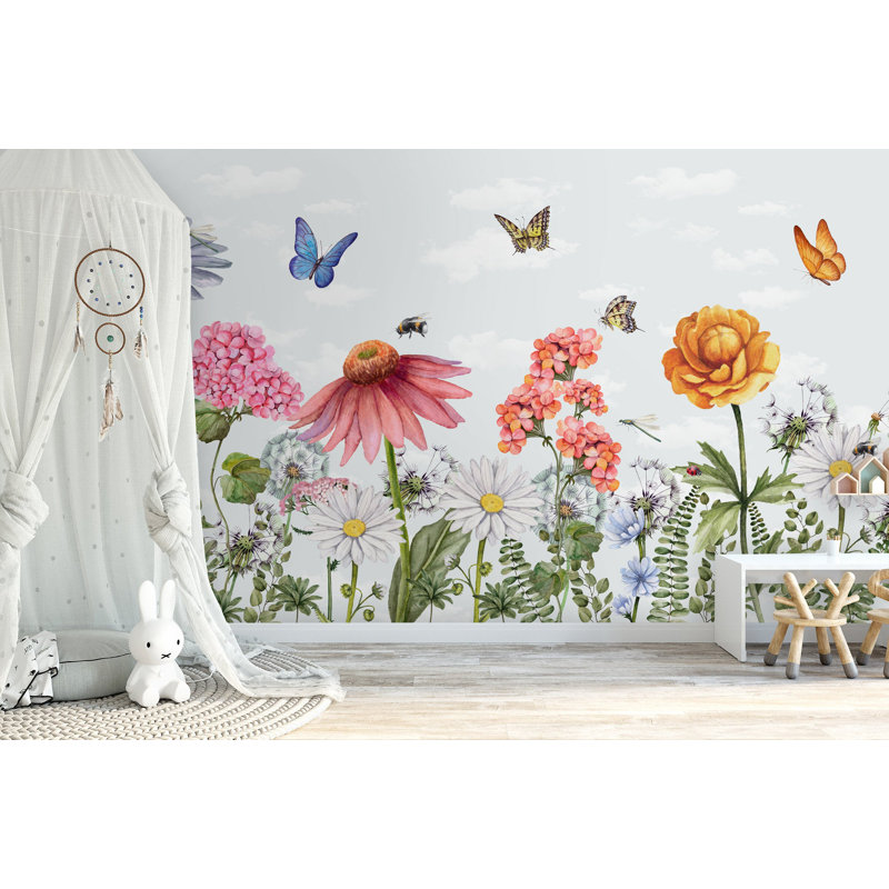 Papier peint aquarelle fleurs de jardin, marguerites et papillons colorés, L 114 po x l 204 po