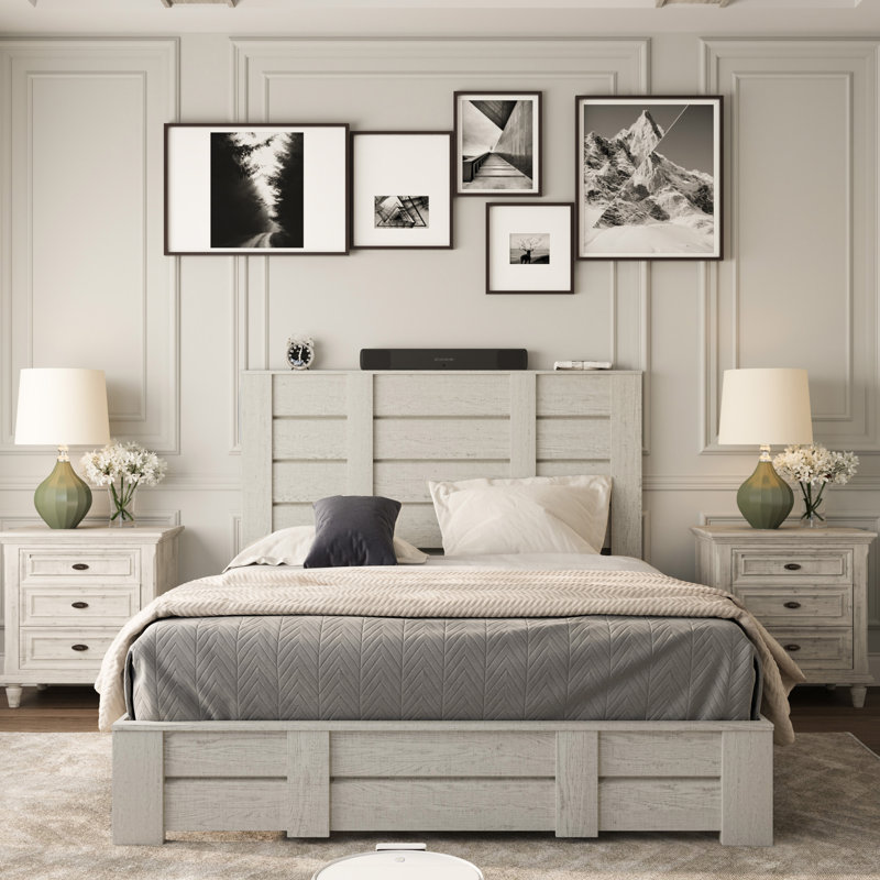 Queen Size Wood Bed Frame With Tall Headboard, Farmhouse Platform Bed With Solid Wood Slats Support, No Box Spring Needed