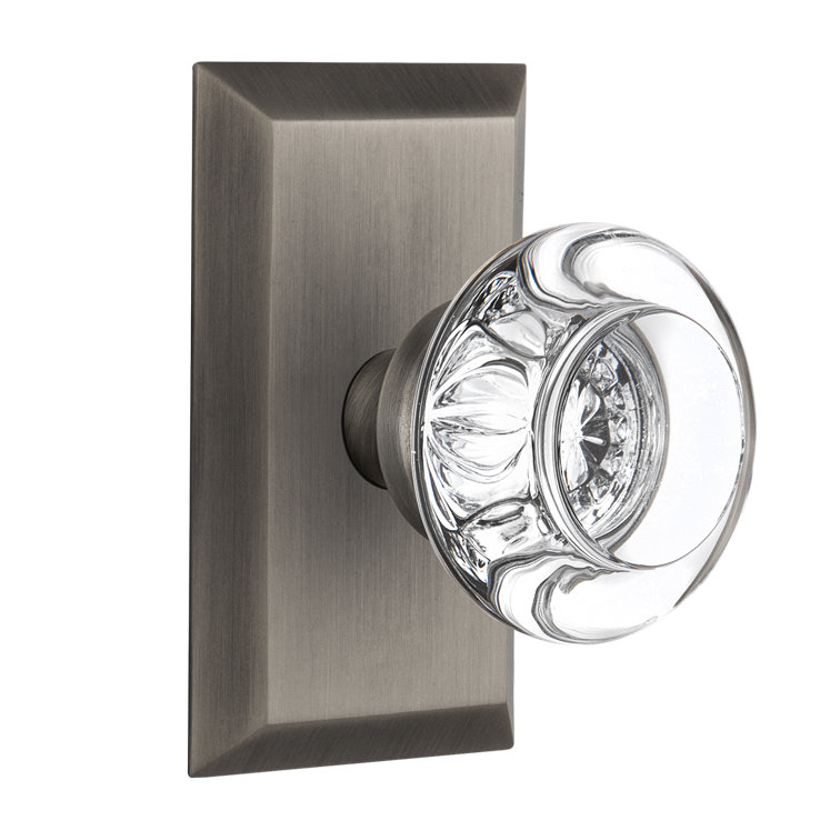 Plaque Studio avec poignée de porte ronde en cristal transparent, Étain antique