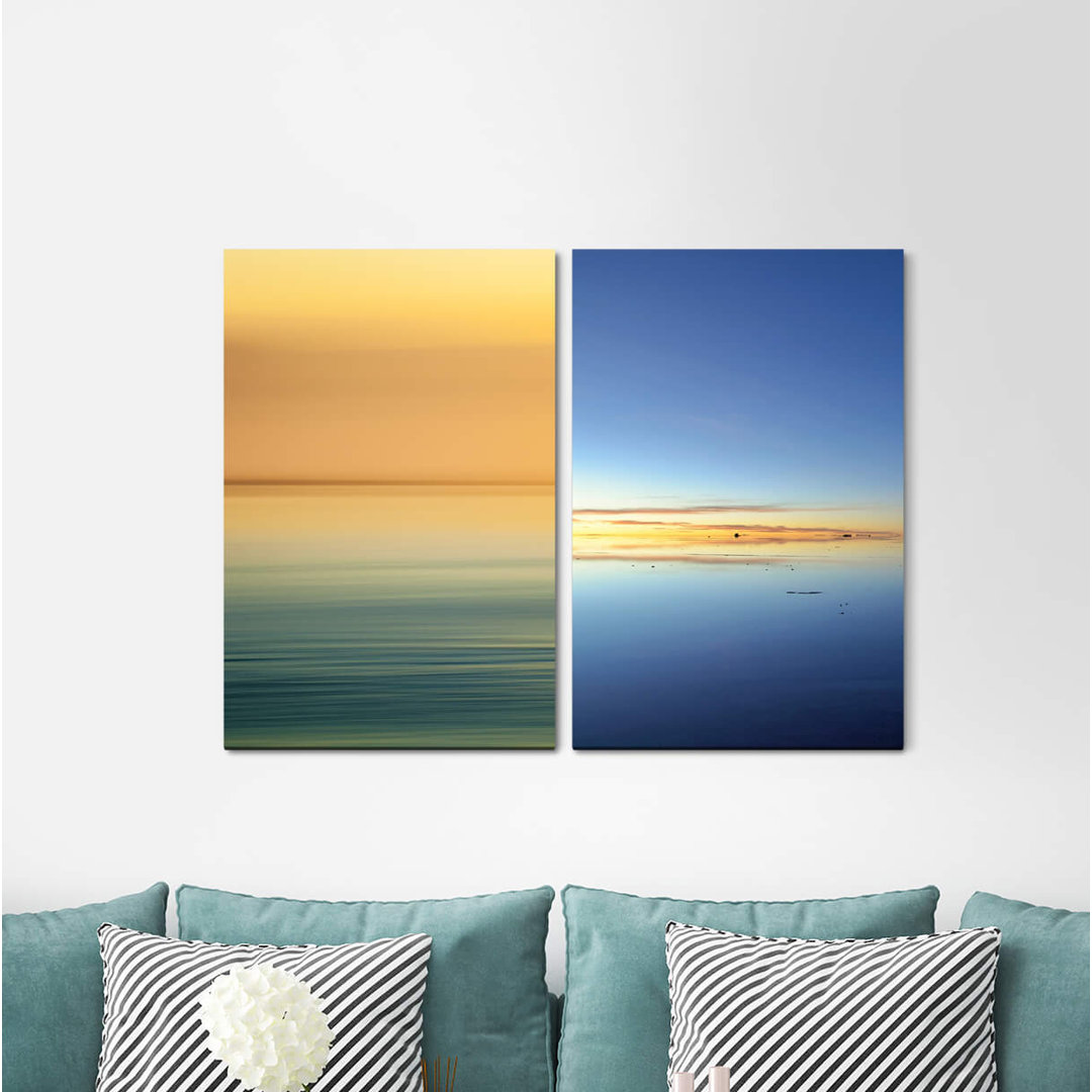 2-tlg. Leinwandbilder-Set - Fotografie „Horizon Calm Sea Minimal Soft Mild Golden Peaceful”