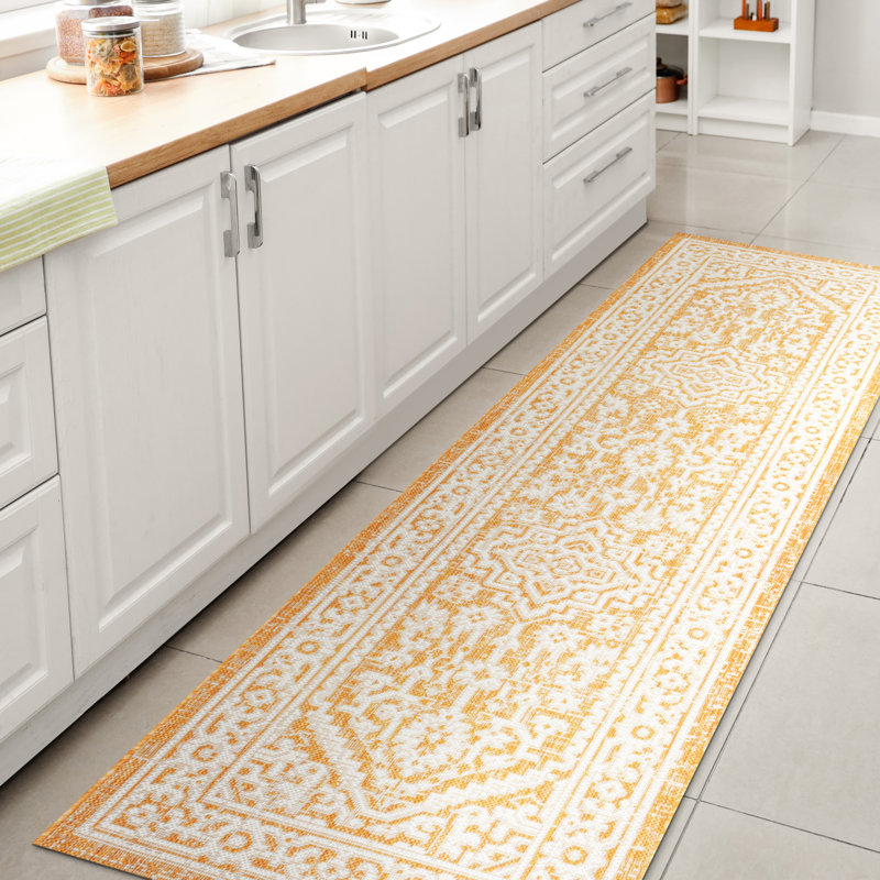 Aaleayah Medallion Textured Weave Yellow/Cream Indoor/Outdoor Rug, Runner 2'2" x 8'