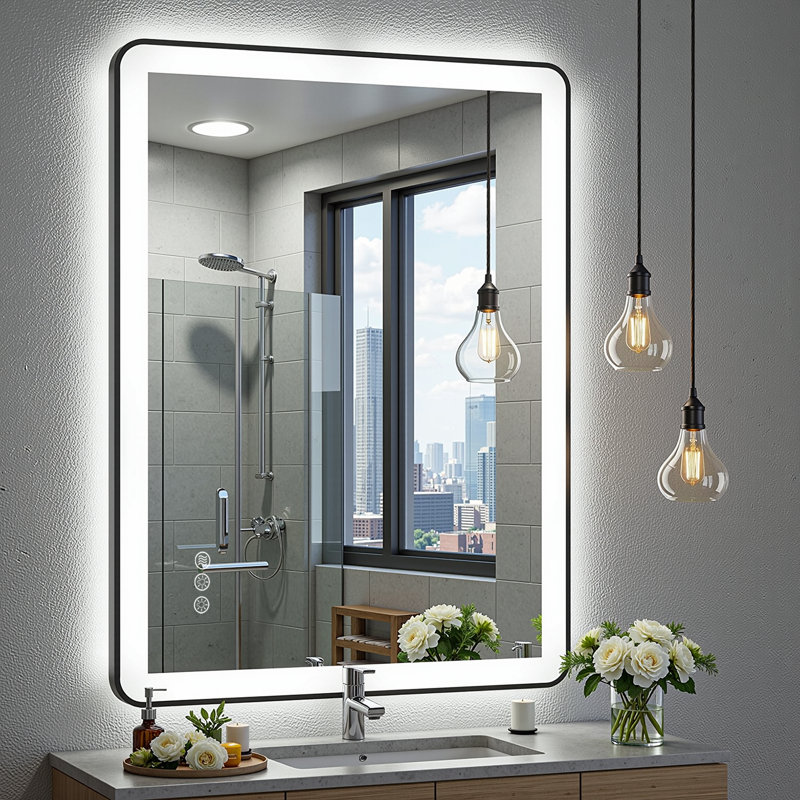 Lunara Independent Dual Backlit&Front Lights LED Wall Mirror, Rounded Corner Matte Black Metal Framed Bathroom Mirror with Tempered Glass