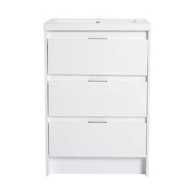 Meuble-lavabo autoportant 24 po avec lavabo en résine et 3 portes à fermeture douce, armoire en contreplaqué blanc brillant