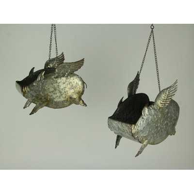 Ballymena distressed galvanized gray metal flying pig hanging planter set of 2, no drainage holes — 10.25 and 13.5 inches long