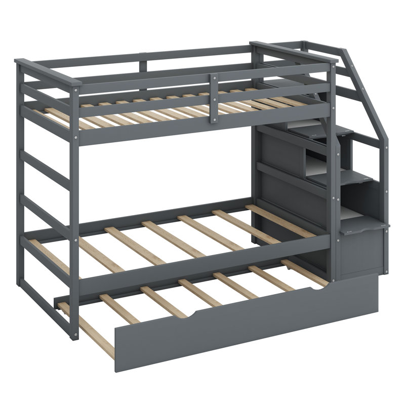 Iftekar Kids Bunk Bed with Trundle, Gray, Full Over Full