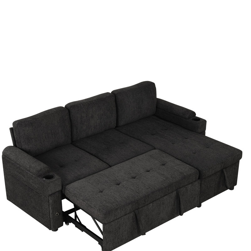 L-Shaped With Ample Storage And Ports, Cup Holders & Convertible Bed, Black Sectional Bed Storage, Chargers, Modern