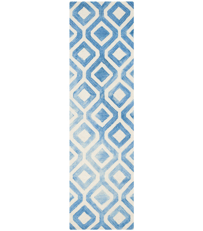 Bryauna Hand Tufted Wool/Cotton Geometric Rug in Ivory/Blue, Runner 2'3" x 8'