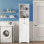 Armoire de rangement pour salle de bain de 55,1 po de hauteur avec panier à linge inclinable, tiroir et tablettes, armoire à linge autoportante pour salle de bain ou salle de lavage