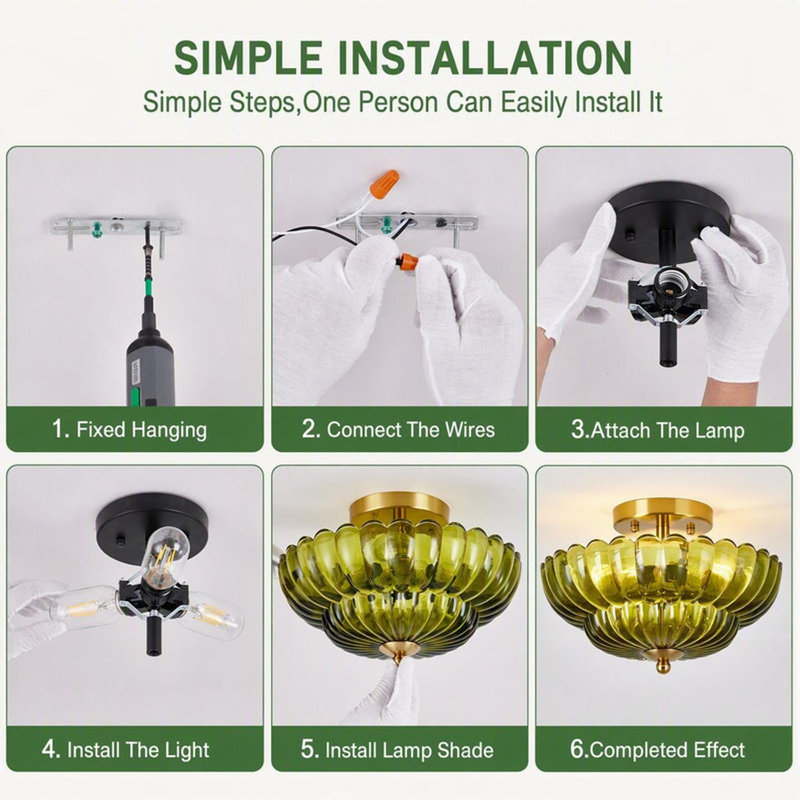 Plafonnier semi-encastré 3 lumières rétro avec abat-jour en verre pour l'entrée de la chambre à coucher, vert et or 11,8 po