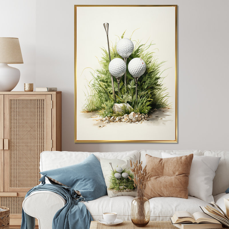 «Dariyelle Minimalisme Golf Tees» sur toile, Cadre flottant doré, H 44 po x l 34 po x P 1,5 po