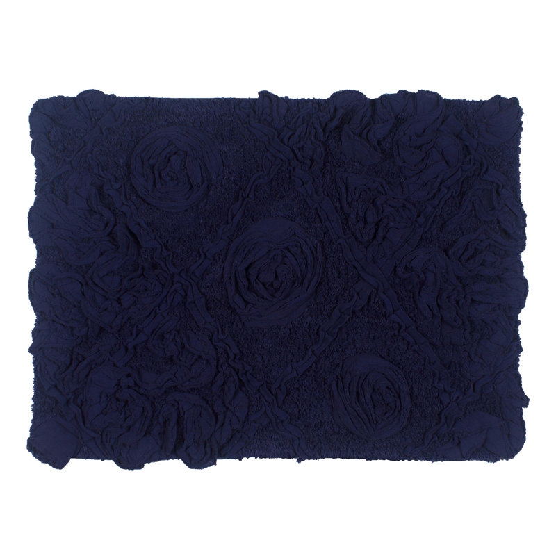 Schoenberger Floral Design Cotton Bath Rug, 24" L x 17" W, Navy