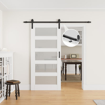 36" × 80" 5-Lite Tempered Frosted Glass Sliding Barn Door with Finished Surface, Ready to Use All Installation Hardware Kit & Soft Close Included, Can Be Repainted, No Assembly Required