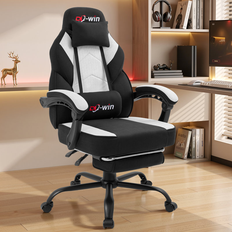 Adjustable Reclining Ergonomic Fabric Gaming Chair with Footrest and Lumber Support, Black