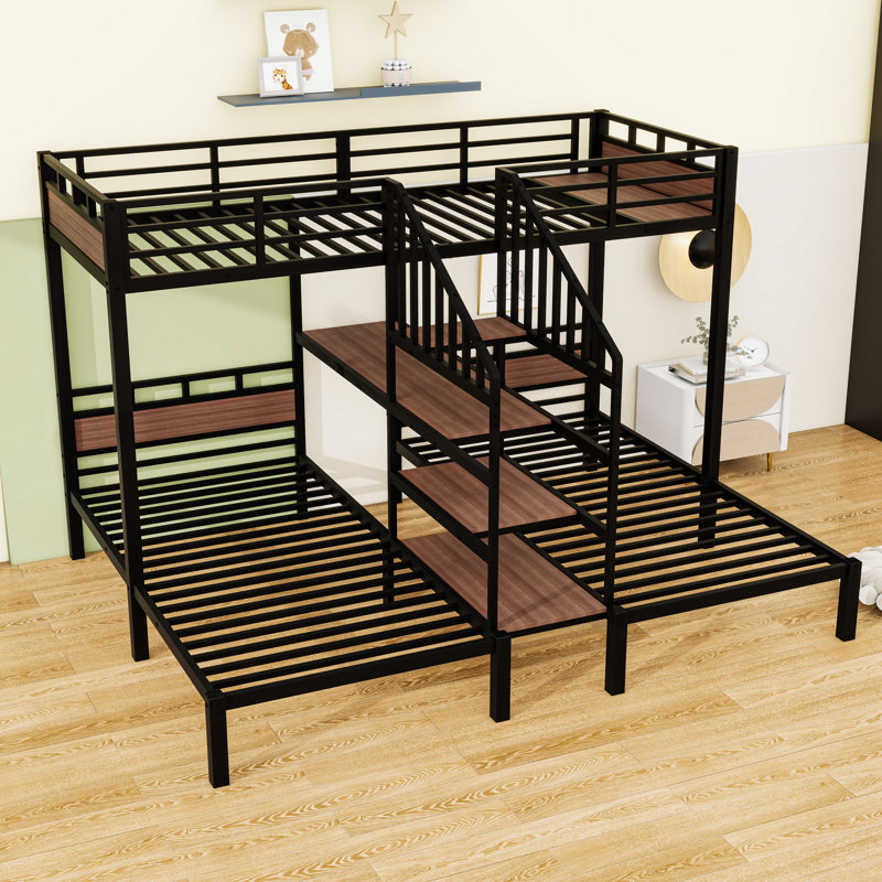 Triple Metal Bunk Bed With Storage Shelves And Stairs, Twin Over Twin/Twin