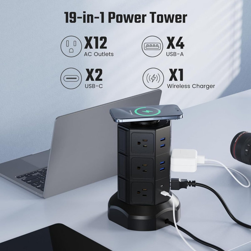 12 prises de courant CA 6 ports USB 2 tour d'alimentation USB C 15 W charge sans fil 1050J protection contre les surtensions dortoir noir de 6,5 pi doit avoir