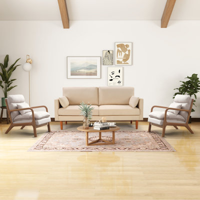 3-Piece Modern Fabric Upholstered Square Arm Sofa Set - Living Room Chair And Sofa with Solid Wood Legs