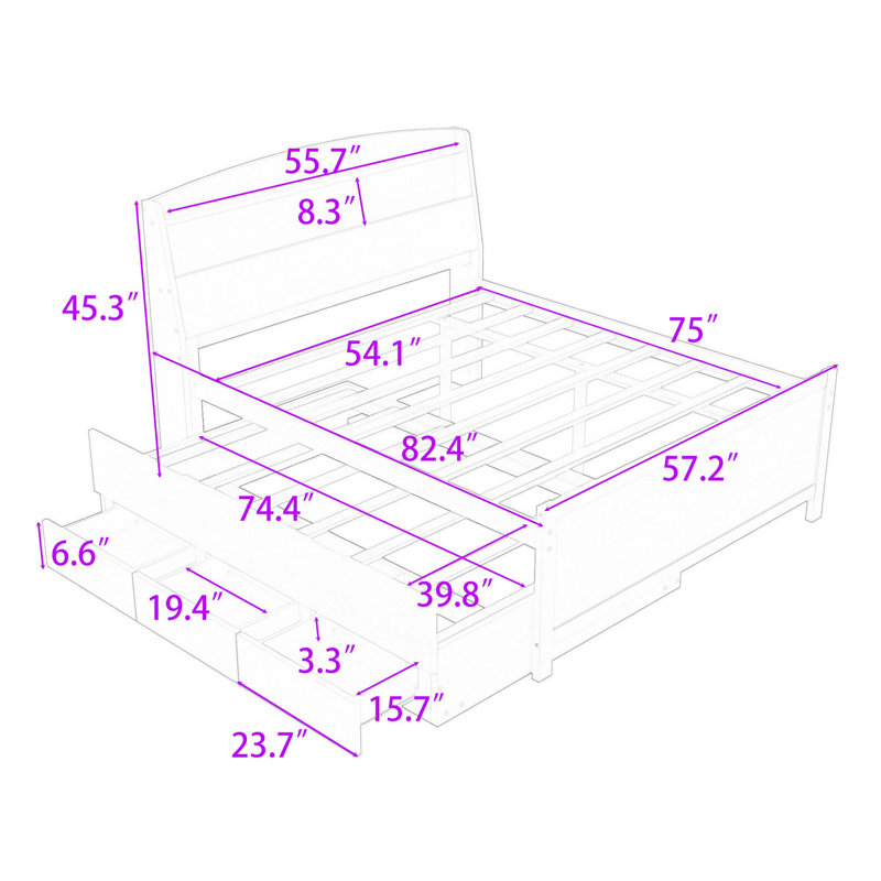 Lit plateforme 3 tiroirs en bois avec tête de lit et lit gigogne simple, Complète