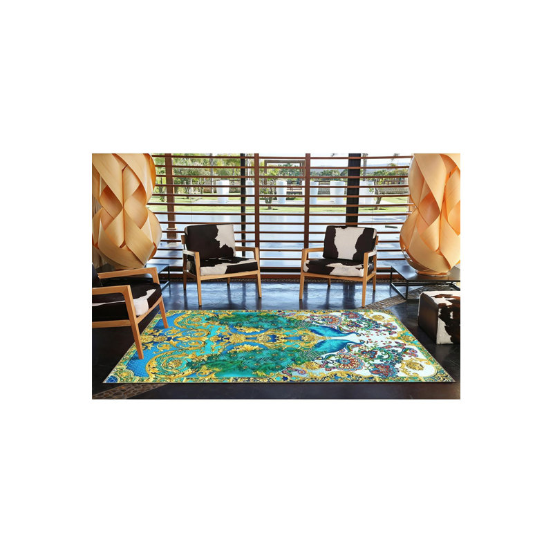 Tapis bleu paon lavable à la machine, Sous-tapis carré 3 pi 11 po inclus