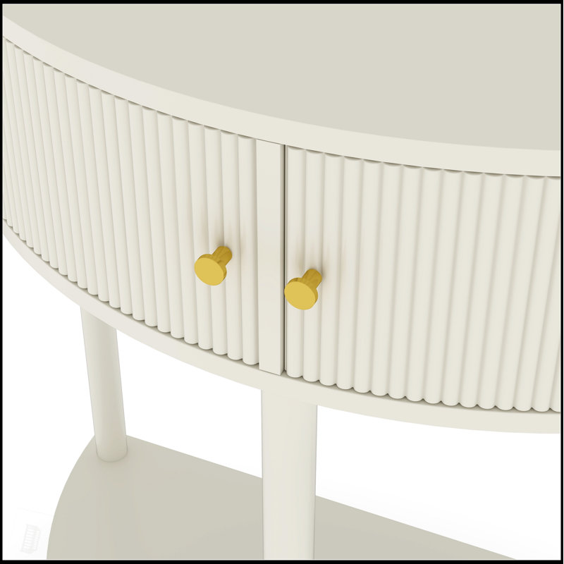 Artisan-Crafted Wave-Pattern Demi-Lune Console Table, Unique Half Moon Design With 2 Storage Drawers And Bottom Shelf For Living Room, Bedroom, Study, Hallway