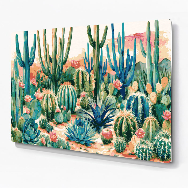 Art mural en métal beige 98 "Southwestern Landscape Cactus Garden", H 288 po x l 432 po x P 0,05 po